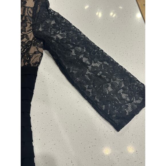 Adrianna Papell Dress Lace Black Nude Tiered 3/4 Sleeves 6 Elegant Event Party - Picture 6 of 12